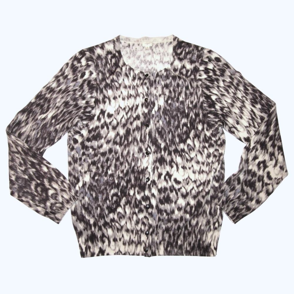 J CREW 100% Merino Wool Womens Medium M Cardigan Sweater Animal Print